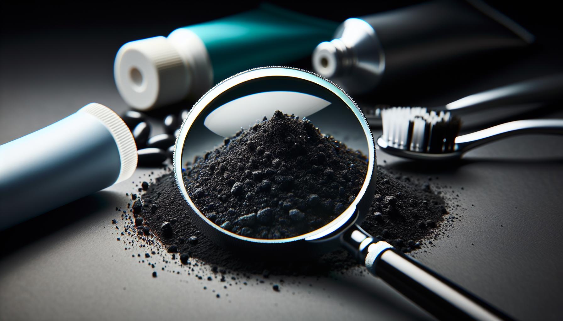 Černý prášek na bělení zubů pod lupou