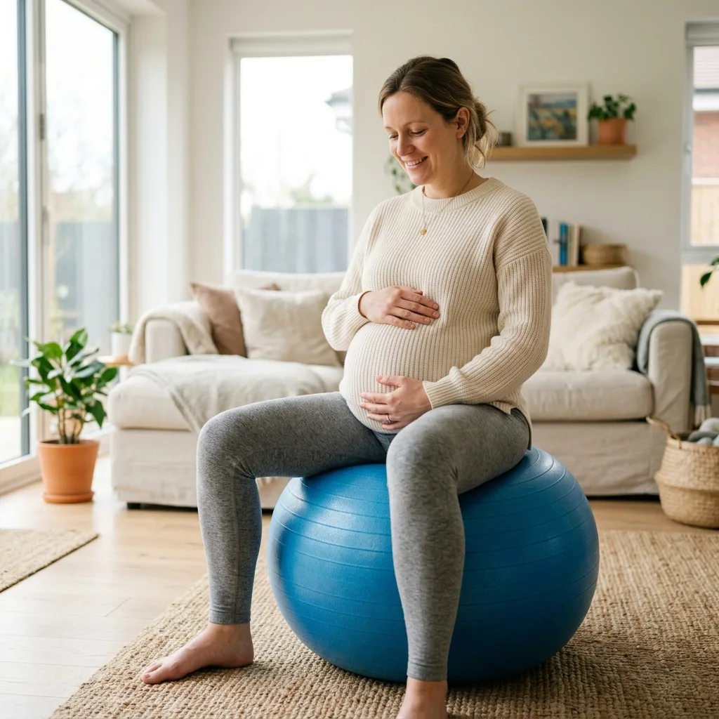 Těhotná žena sedící na modrém gymnastickém míči ve světlém obývacím pokoji