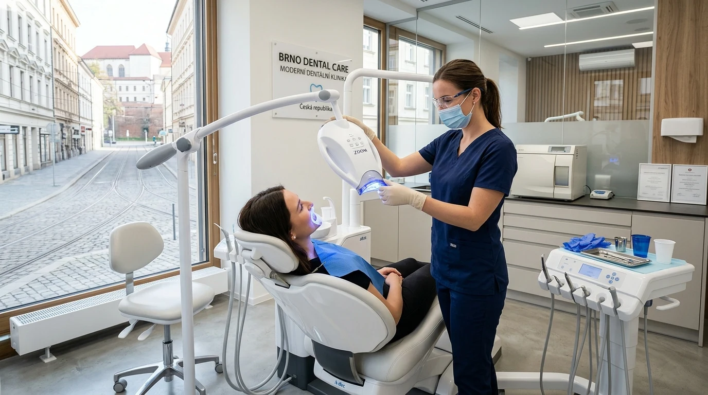 Ordinační bělení zubů s LED lampou na moderní stomatologické klinice v Brně